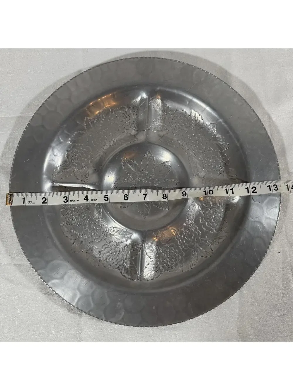 Vintage Divided‎ Silver Tray Aluminum Lehman Hand Forged Flower Leaves Hammered